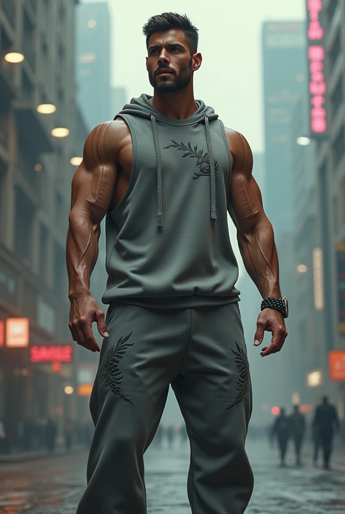 realistic image looks real of a black haired man in a ponytail with a sterk body like a bodybuilder with an oily body in brown shorts, tight shirt. walking on the catwalk while showing off his big and muscular body. nampak di kiri kanan nya , some people cheered with the lights shining on them.