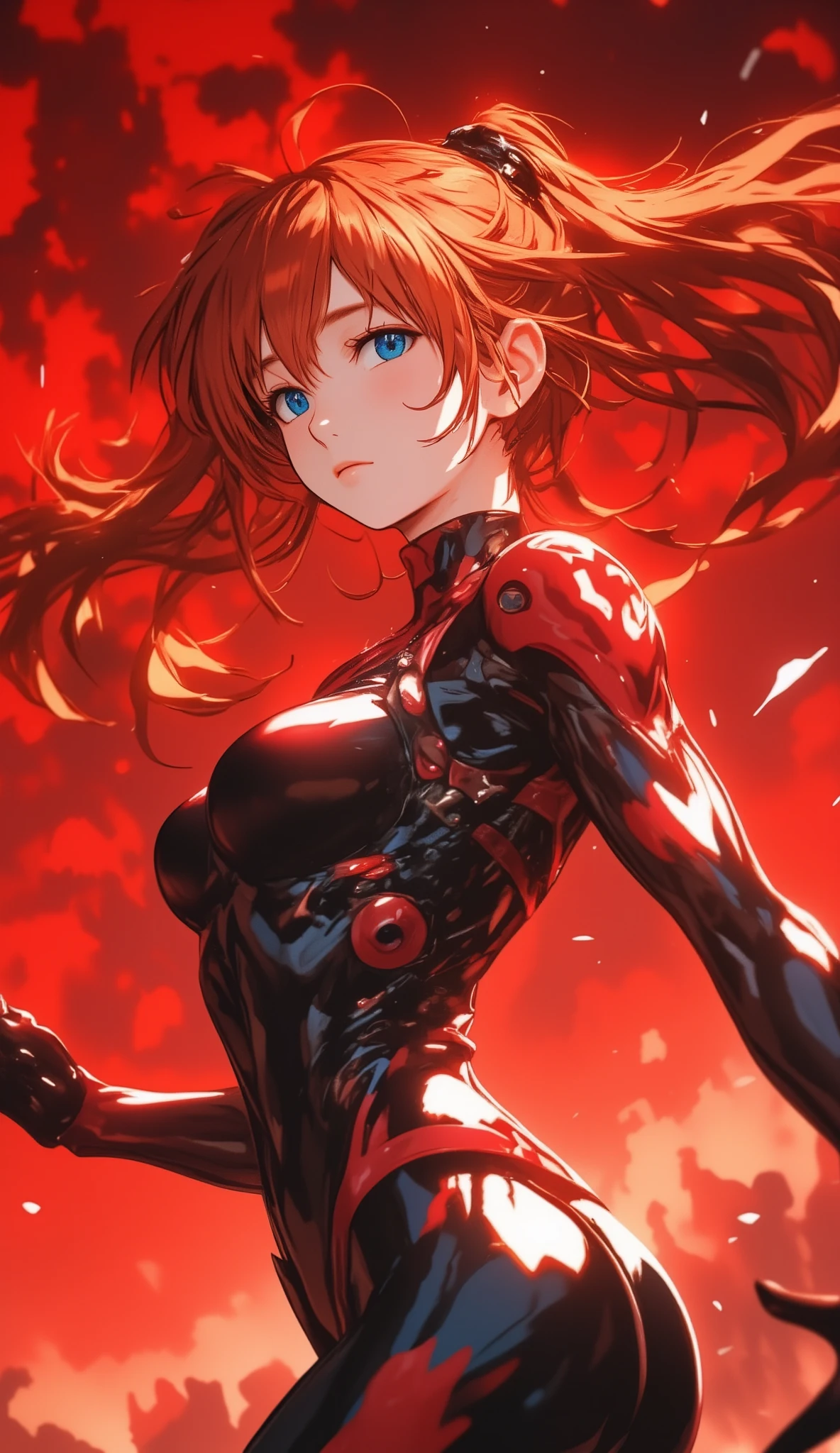 (masterpiece, best quality:1.5), (ultra detailed, high resolution, 8k, beautiful detailed, UHD, best anatomy), 1 cute girl, red hair, medium breasts, full bodysuit, latex, shiny clothes, Steamy space