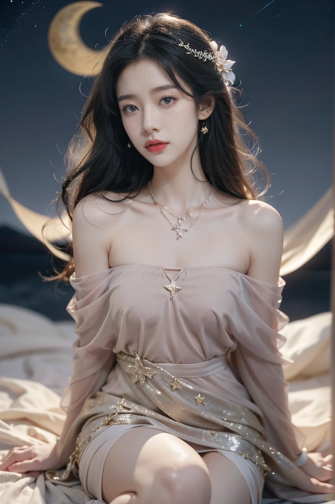 a beautiful girl,strapless gorgeous bra,sitting,on the moon,detailed background of the moon,Moon Goddess,Beautiful Celestial Mage,Goodness of Heaven, Celestial Fairy,very Beautiful fantasy art,8k high quality detailed art,medium straight bob hair,crystal necklace,slim,thin,flat chest,small breasts,best quality,masterpiece,starry sky,night scene,close-up of face,laughing,realistic