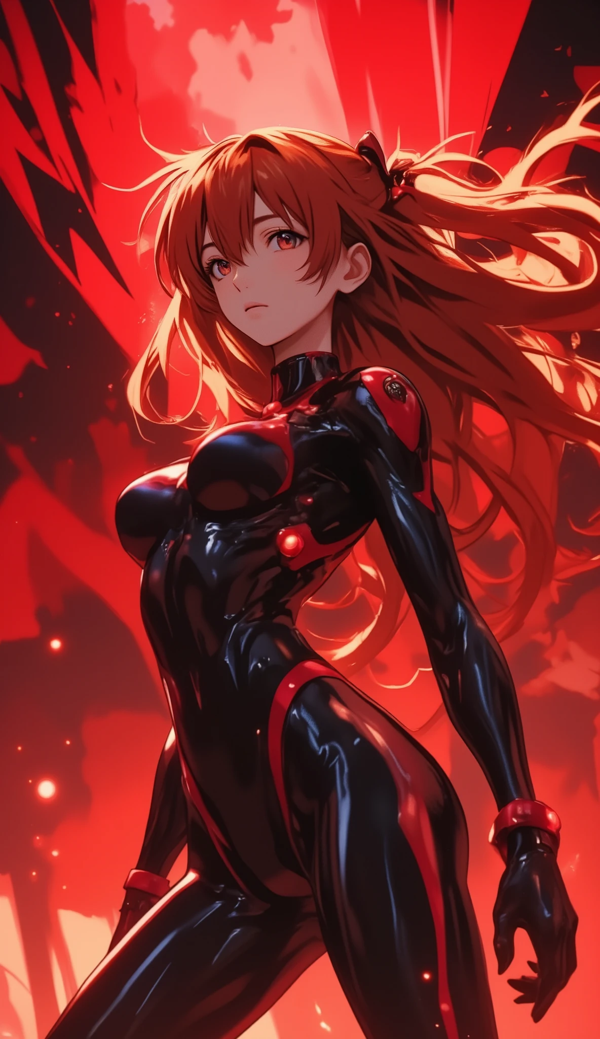 ((Evangelion, Asuka Langley)),1 girl,solo,red background,Cowboy Shots, ,,, score_9,score_8_up,score_7_up,,8k,1 girl to improve Sa,solo,