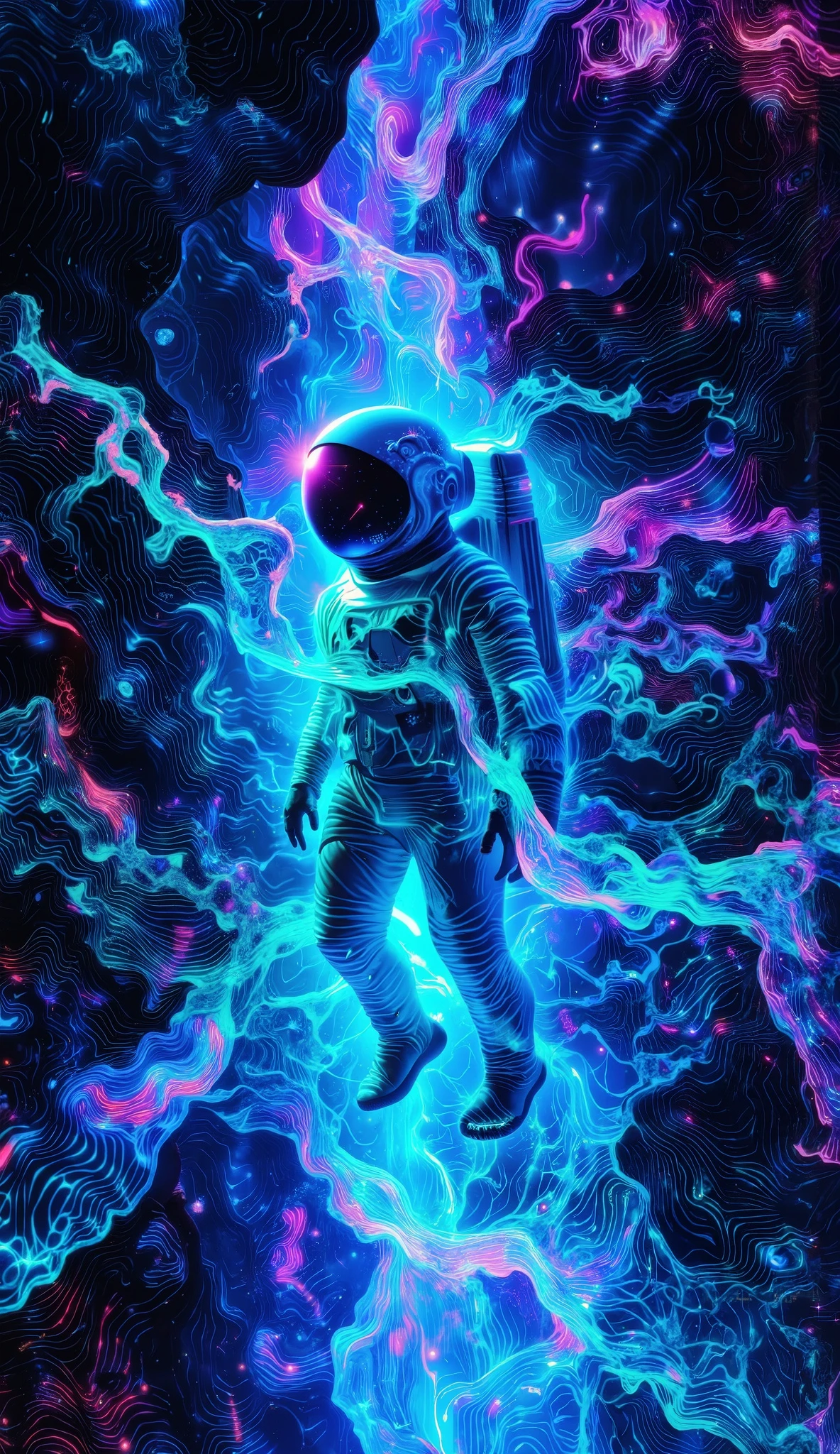 A mysterious astronaut sinking slowly into a glowing, magical psychedelic ocean under a starry sky, surrounded by ethereal light trails and floating ancient runes, his cracked helmet leaking stardust, galaxies reflected in the water, surreal atmosphere mixing science fiction and mysticism, dark blue and purple hues, hyper-realistic, cinematic lighting
