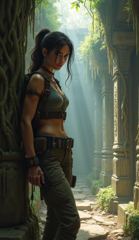 (ultrarealistic), (best quality, 4K, 8k, masterpiece:1.2), 1 woman, alone, Lara Croft from video game Tomb Raider, tomb Raider Underworld, Rise of the Tomb Raider, Shadow of the Tomb Raider, looks into the camera, good quality, 18 year old woman, alone, outside, The woman is brightly lit, Woman is evenly lit, wearing tomb raider outfit, lara croft, tombraider white crop top, tomb raider brown hot pants, has leather straps on each leg with golden clasp, leather belt with golden clasp, leather straps on legs, wears leather armbands, wears straps with holster around legs, leather band that holds chest from below, straps that support chest from below, brown hair, narrow waist, slim body, Thin body, very thin figure, fragile figure, flat tummy, fragile physique, thin fragile arms, contradictory to the rest of the body: noticeable big breasts that do not fit to fragile body physice, flawless skin, full lips, narrow shoulders, monochromatic eyes, ((bright eyes)), light blue eyes, very detailed eyes, BEAUTIFUL HANDS, natural fingers with natural nails, Perfectly straight white teeth, ancient mayan ruins, ancient stone structures, vividly weathered ruins, dense jungle foliage, dripping moss, Ruin exploration, walking, playing with hairstrain, hand plays with hair, Full body shot, (view from above)
