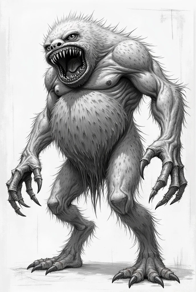 mapinguari, a drawing of a monster with a big mouth and a big tooth, in the style of primitive apes, imminent creature with a long furious squatch, furry friendly monster, by Rick Griffin, spiritual cryptid, by Alex Petruk APe, horrifying monster, inspired by Alex Petruk APe, impressive squatch, anthropomorphic creature, realistic reactionist --auto --s2