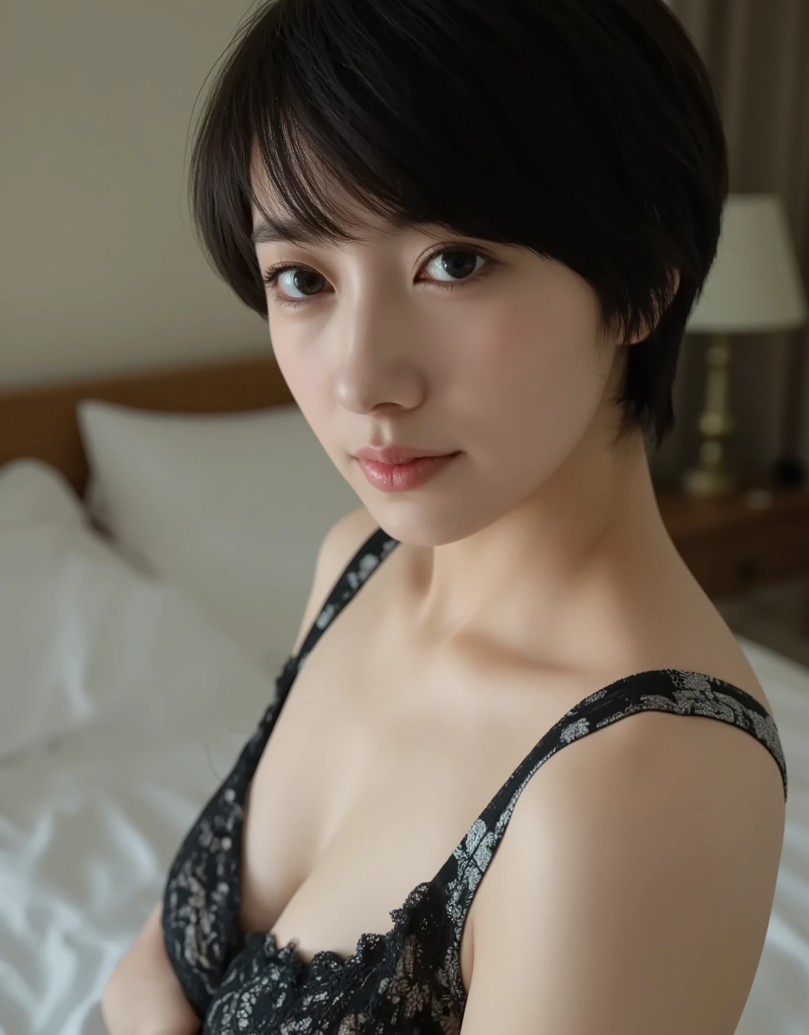 ((A mature adult woman is standing in front wearing a bra)),beautiful black hair, realistic person images in dark waters,Realism,best quality,mastepeice,best quality,best quality,highest resolution,fine details,Beautiful detailed face,black eyes,realistic skin, Exact Upper Body,Realismのある肌,smiles,very large breasts,In a typical bedroom,Indoor bedroom ,It's a bedroom,Entering the bedroom,