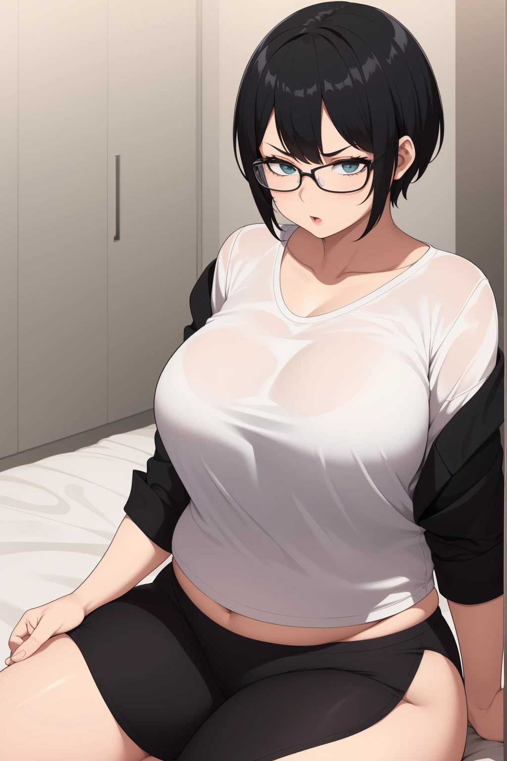 NTR Man, masterpiece, highest quality, ((1 girl、solo)), mature woman, (heavy body)、black obscene lingerie、Completely naked、glasses:1.4, black hair、short hair, black eye , ((flushed)),embarrassing、Sweat、vapor、Hotel、on the bed