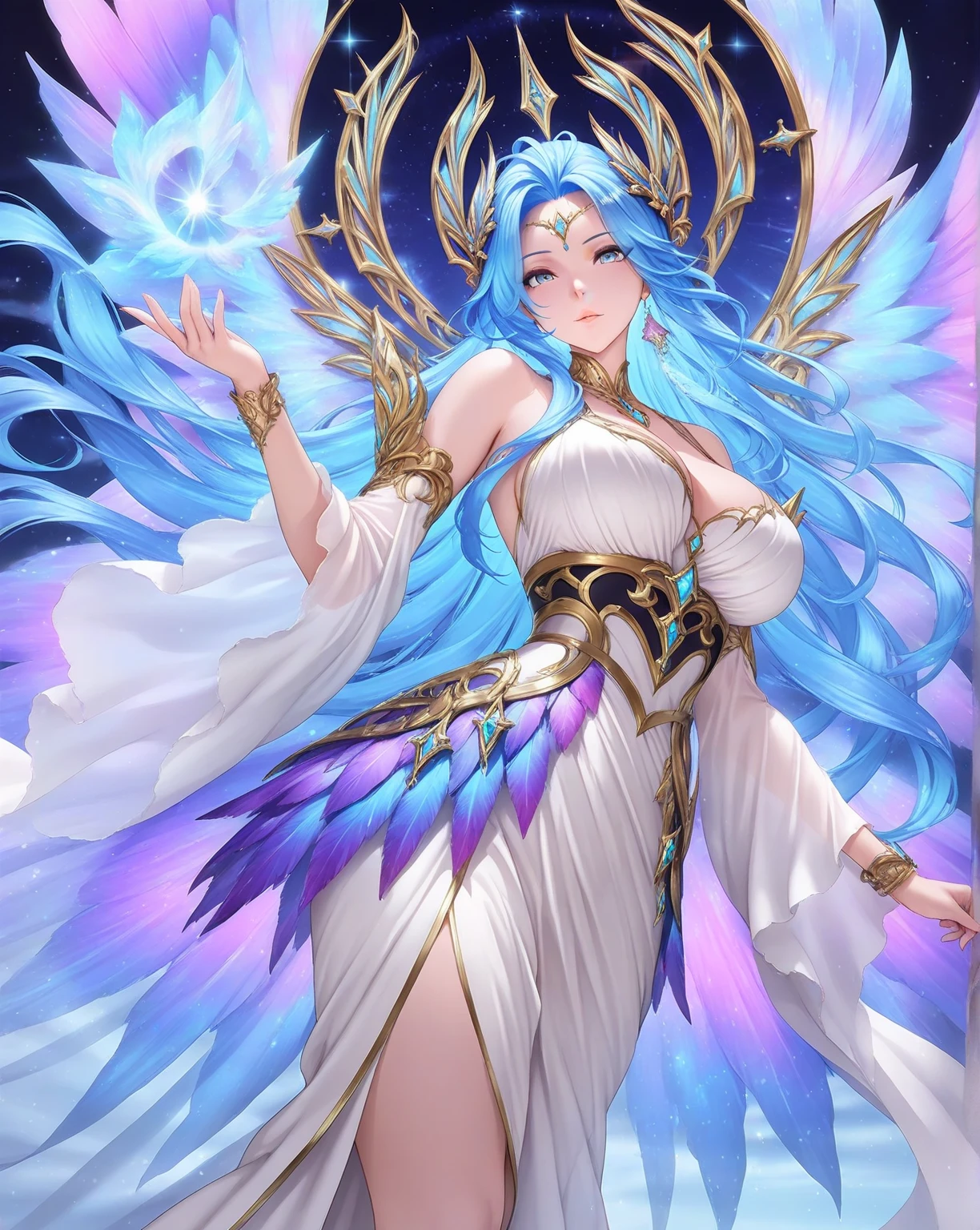 The Celestian man possesses an ethereal and graceful appearance, standing out for his serene and captivating beauty. His stature is slender and tall, with an elegant and upright posture. Her skin is pale and luminous, almost as if emitting a soft glow. The Celestian man's hair is long, silky and displays a variety of colors, from soft shades of gold and silver to iridescent blues and violets. The hairs seem to float gently in an invisible breeze, creating a feeling of lightness and constant movement. Their eyes are large and expressive, presenting a range of vibrant colors, such as sky blue, emerald green or deep violet. The iris is surrounded by a lighter ring, underscoring the intensity of the gaze. His eyes seem to reflect the vastness of the heavens, conveying a sense of wisdom and mystery. The Celestian man's face is smooth and symmetrical, with refined features. His mouth is slightly curved in a gentle smile and his lips are soft and pink. The jaw is well-defined, complementing the harmony of its features. A striking feature is the wings that emerge majestically from its back. The wings are large and elegant, similar to translucent and colorful plumes. They feature a wide range of celestial colors, from light blue to shimmering gold, with a subtle iridescence. Light, flowing garments adorn the Celestian man, made of fine, delicate fabrics that seem to mimic the colors of the sky. Silver and gold details may be present, adding a touch of sparkle and sophistication. Overall, the appearance of the Celestian man is that of a heavenly figure, with an aura of grace, beauty, and an intrinsic connection to the world of the heavens. medieval, anime