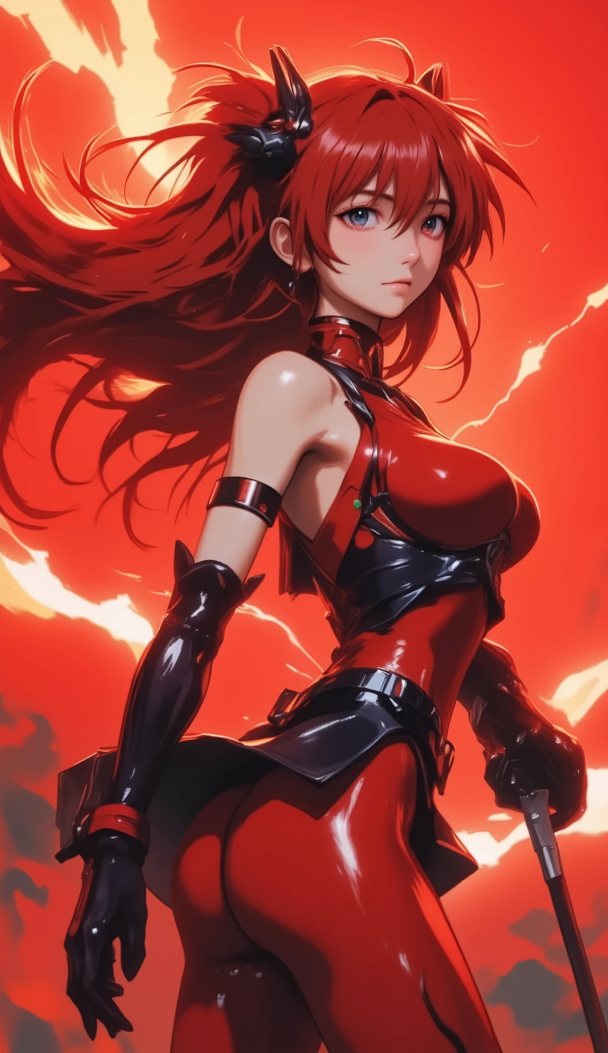 ((Evangelion, Asuka Langley)),1 girl,solo,red background,Cowboy Shots, ,,, score_9,score_8_up,score_7_up,,8k,1 girl to improve Sa,solo,