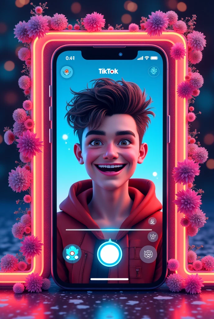 Prompt: Create a Instagram profile on glass id card on a Black desk displaying Instagram logo and realistic profile photo of a teenage boy in circle and " ABIR Creates " is written in bold fonts under the profile photo and 100k Followers written, the Instagram card is glowing in pink and blue color on the edge, One corner is held with two fingers....less