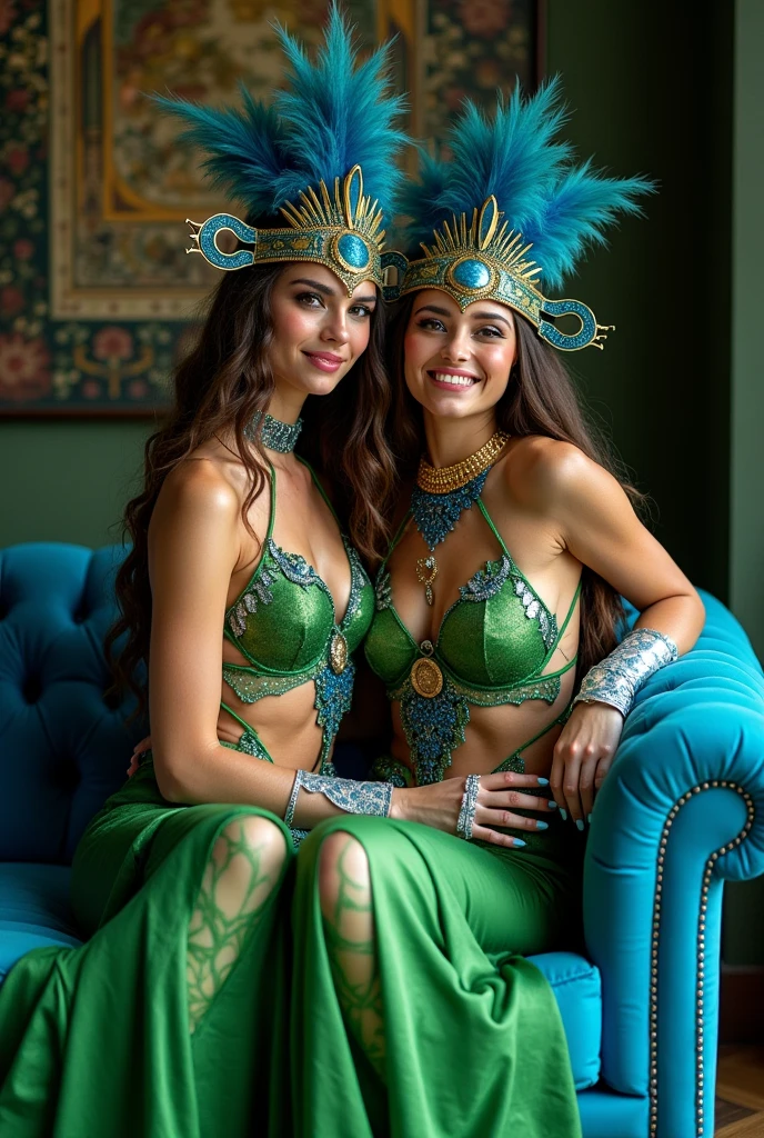 Two beautiful Brazilian women、black hair、blue eyes、smile、Blue peacock feather根の王冠、huge breasts、sexy body、Blue peacock feather、Blue micro bikini、Blue knee-high boots、Crowded with many spectators、at Rio's Samba Carnival