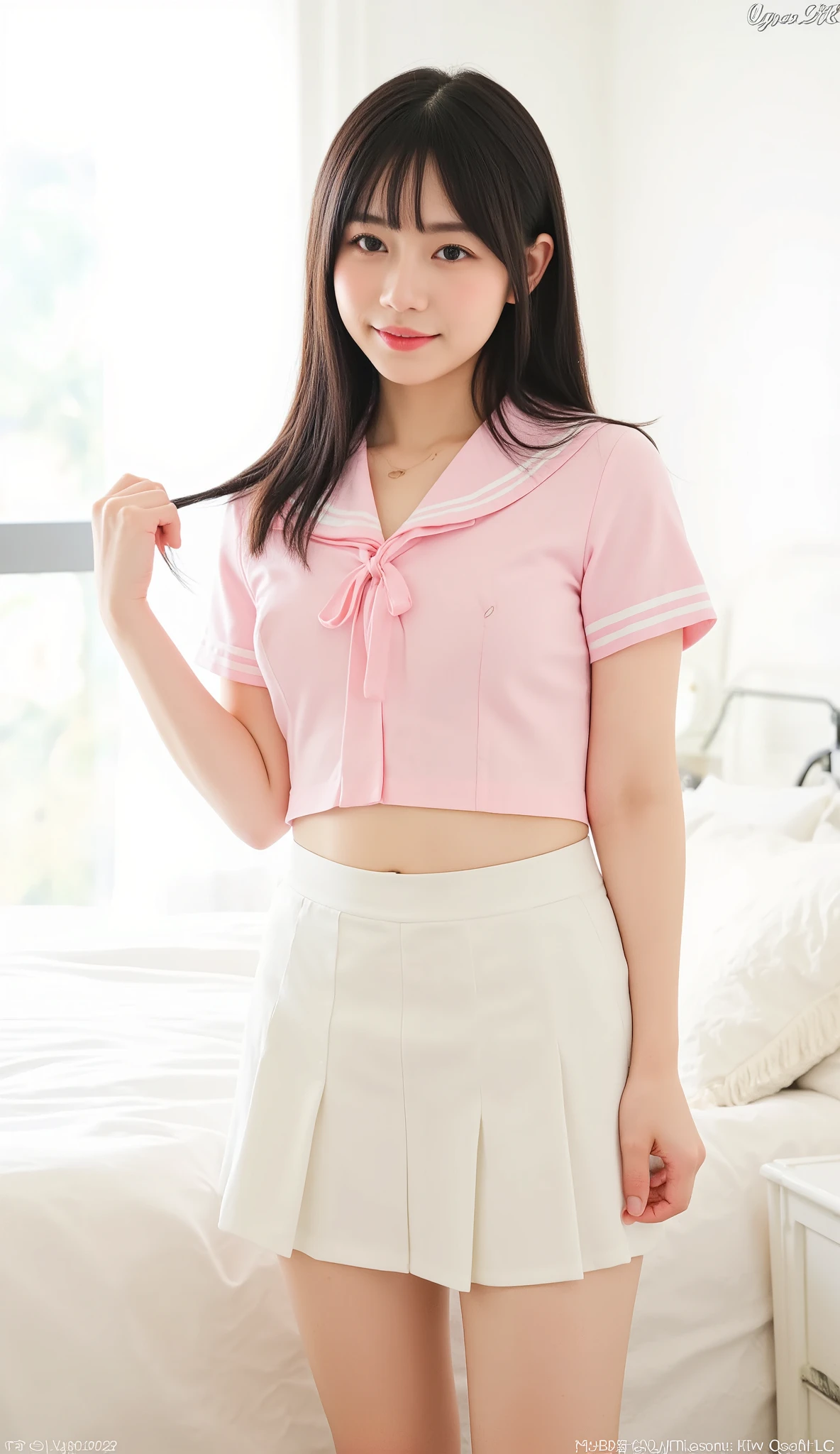 ((Top image quality、8K、masterpiece:1.3))、Realistic high-quality photos、top-quality、girl cute-fine face、13 years old beautiful Japan girl、Photo of slim little girl model、Beautiful girl model、young japanese girl、Young cute face、japanaese girl、13-year-old female model、Beautiful Model Girl、The innocent look of the girl next door、lovely delicate face、Brown hair、Beautiful brown eyes、Tear bag、drooing eyes、young body、Erotic feeling, (Hot Pillow Hotel Rooms:1.2), (Immediately after sexual :1.1), (japanese high school uniform with sailor collar:1.2), Sailor Uniform, red scarf, (Pleated skirt:1.3), Sit on the bed, spreading the legs a little, Show panties, (White panties:1.4), avery small lace panties, thin matte fabric cotton panties, panties under the skirt, (a glance of panties:1.6), (Dynamic Angle, Dynamic Pose:1.3), (from slightly below:1.5), Break Masterpiece, Best Quality, hight resolution, Detailed skin, Detailed, Detailed face and eyes, Hi-Res, Natural lighting, Perfect Anatomy, Physically-based rendering, Photorealistic,