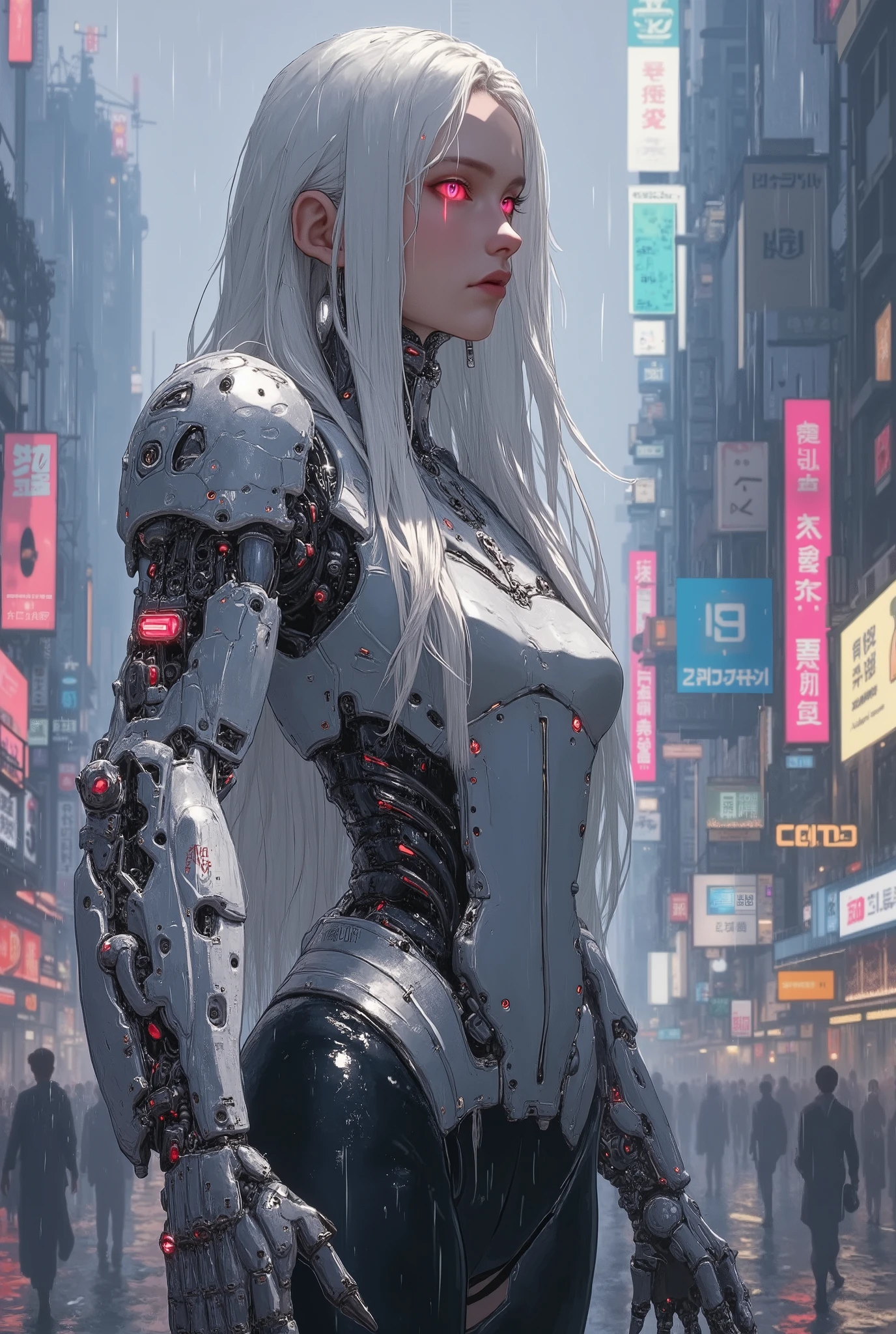 Create a futuristic setting with a female humanoid robot featuring a sleek, silver and black design. The robot has long, flowing hair that contrasts with its metallic body and glowing red eyes, exuding an aura of advanced technology. The large mechanical hand has large, long, pointed, sharp, thick fingers. The setting should depict a cyberpunk-style cityscape drenched in rain, with neon lights reflecting off the wet surface. The atmosphere is dark and gloomy, emphasizing the symbiosis of technology and beauty. Capture both the intricate mechanical details of the robot and the dramatic atmosphere of the city