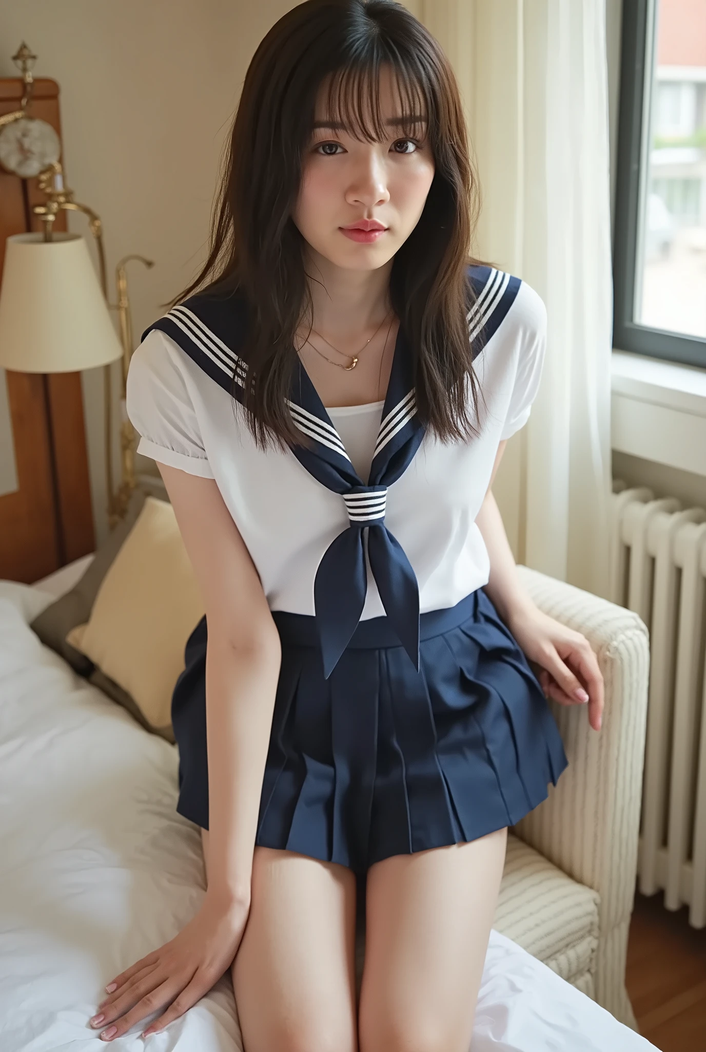 score_9, score_8_up, score_7_up, super detailed, exquisite resolution , 32K, Breakfast Masterpiece , best quality, super high definition , beautiful Japanese woman seen from her feet, black hair,upポニーテール:1.5, shortcut to hold key blade,( and open the mouth+ drool ), wet hair , ( white blouse、 navy blue pleated skirt 、 navy blue sailor color 、 pink panties :1.3)、 Big Breasts :1.5,the above,catに集中する, on bed、plump、cat、oily skin:1.3、 low-leg panties:1.3、 throw、nsfw, orgasm:1.5、wet with Love Liquid、 thick butt :1.5,focus on the buttocks:1.5