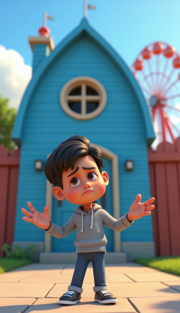 The boy is front of wall