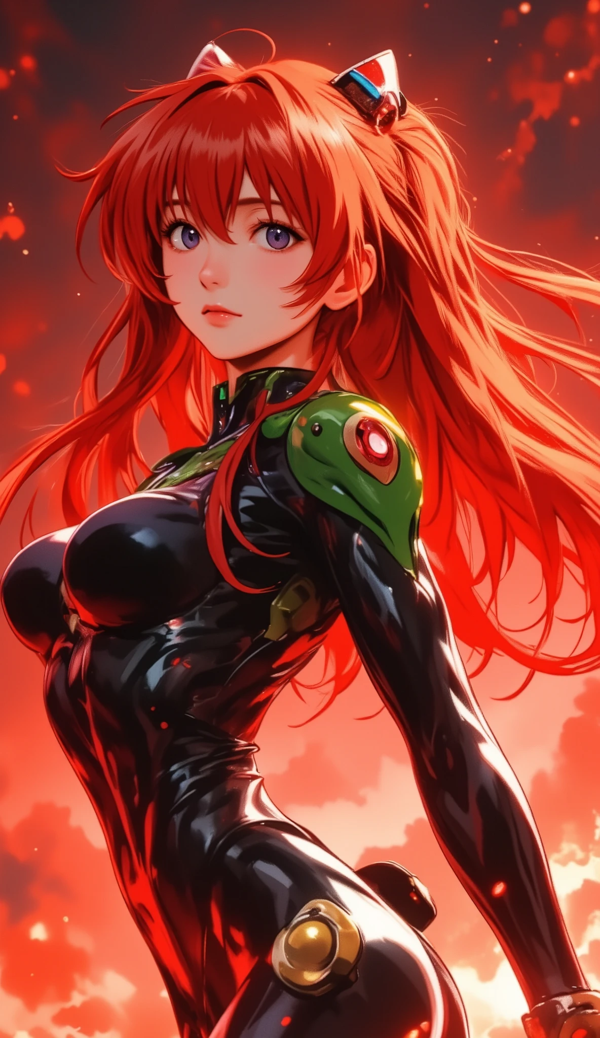((Evangelion, Asuka Langley)),1 girl,solo,red background,Cowboy Shots, ,,, score_9,score_8_up,score_7_up,,8k,1 girl to improve Sa,solo,