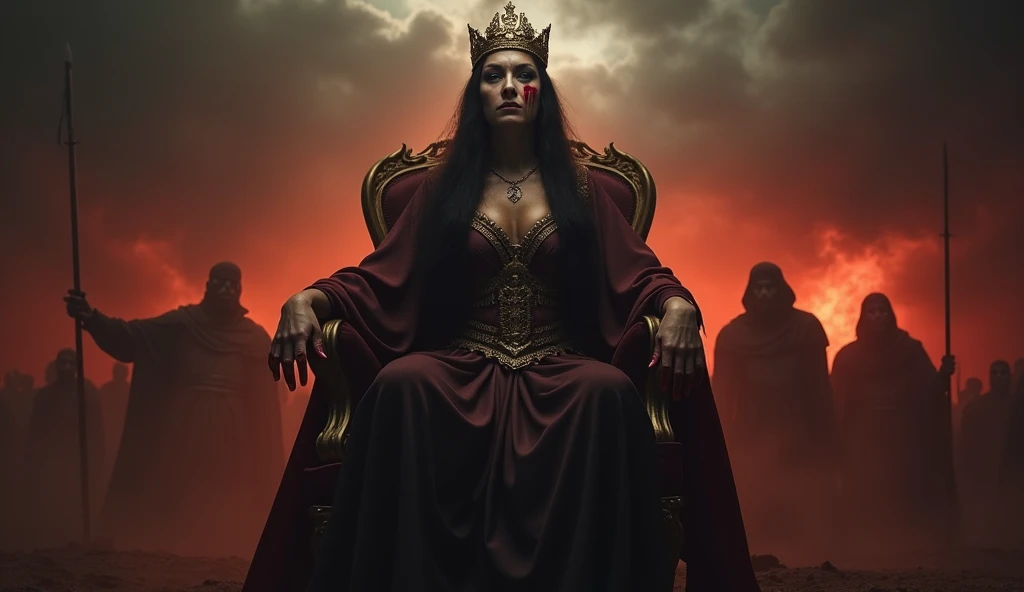 Design a striking and dramatic YouTube thumbnail featuring Jezebel, the biblical queen, in a powerful and menacing pose. She should be centrally positioned, holding the severed head of a prophet in her hands, with a chilling expression of triumph and malevolence. Dress her in lavish, richly adorned garments in deep reds and golds to signify her power and dark influence.
In the background, depict several lifeless prophets without heads, scattered and arranged to convey the scale of her cruelty. Use a dark and moody color palette with high contrast to create a sense of drama and intensity. Incorporate bold, eye-catching text for the video title, such as "Jezebel: Queen of Bloodshed" or "The Ruthless Reign of Jezebel," ensuring it stands out against the dark and intense background.
The overall design should evoke a sense of horror and intrigue, compelling viewers to click on the video to learn more about the dramatic and brutal aspects of Jezebel's story.