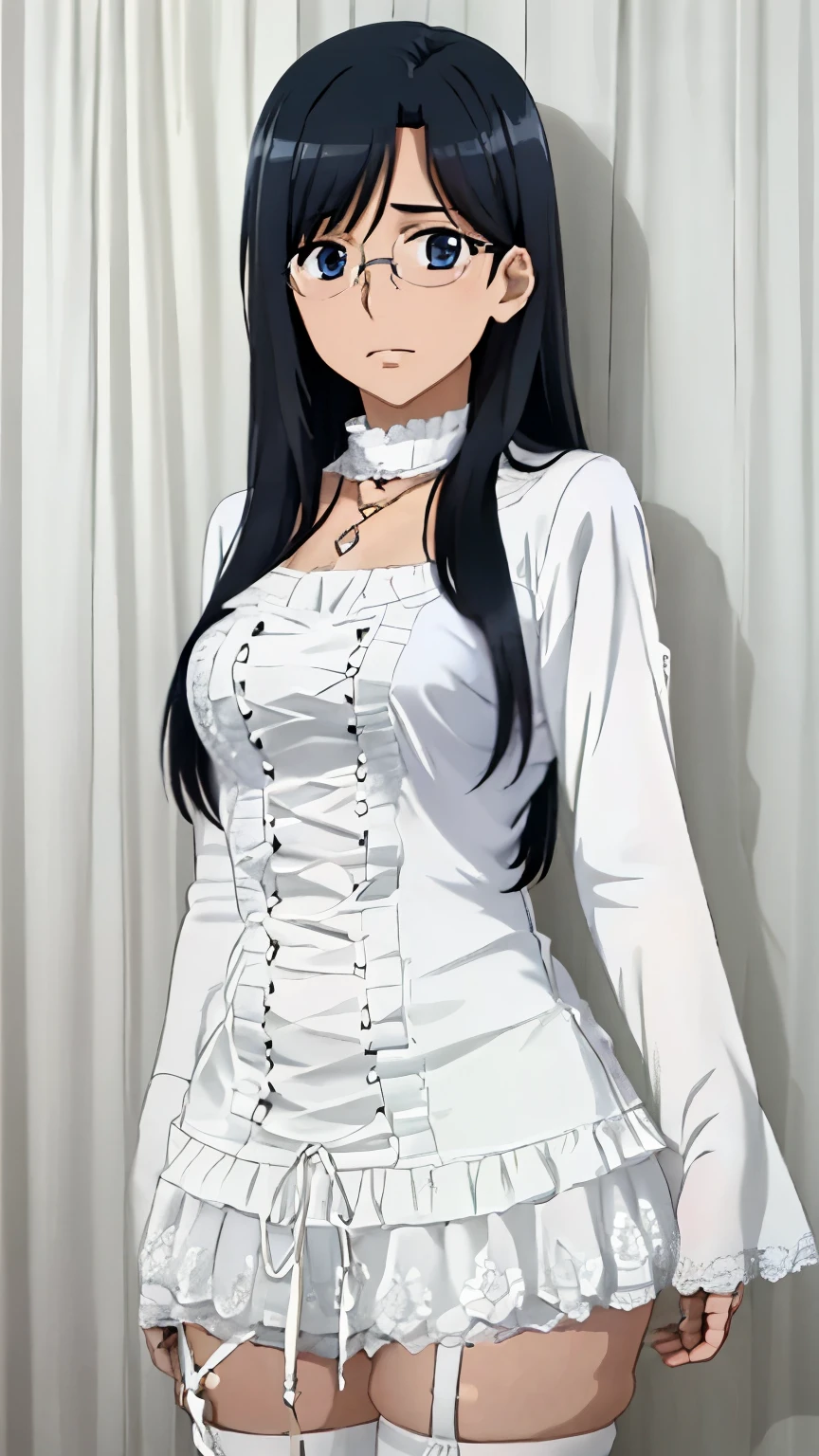 (Top quality, masterpiece, 8k), (Realistic skin texture), (anime coloring), Very detailed, very detailed, beautiful eyes, perfect eyes, detailed eyes, feature large highlight, detailed face, ultra-detailed, detailed eyes, symmetrical eyes, Sharp details, konori, blue eyes, black hair, (medium breasts:1.2), medium hair, healthy skin, glasses, nffsw, (gothic clothing, long sleeve, over the knee socks, women's mary jane shoes), (from front:1.3), (cowboy shot:1.2), looking at the viewer,