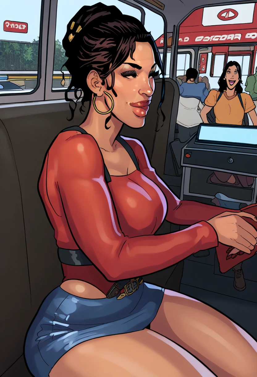 score_9, score_8_acima, score_7_acima, 1 menina, ampla_seios, retrato, Sozinho, procurando_no_espectador, abrir_olhos, Pretending to hold a heavy box, panorama, (Puc Hoop), long hair, corte curto, gray-blond hair skirt, vehicle interior, mais baixo_corpo, rnoing_seguro, 