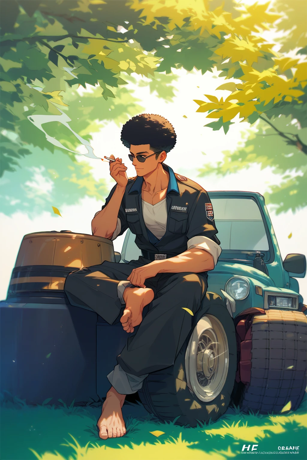 A handsome 26-year-old boy leans against a jeep and smokes,Cigarette butts on the ground