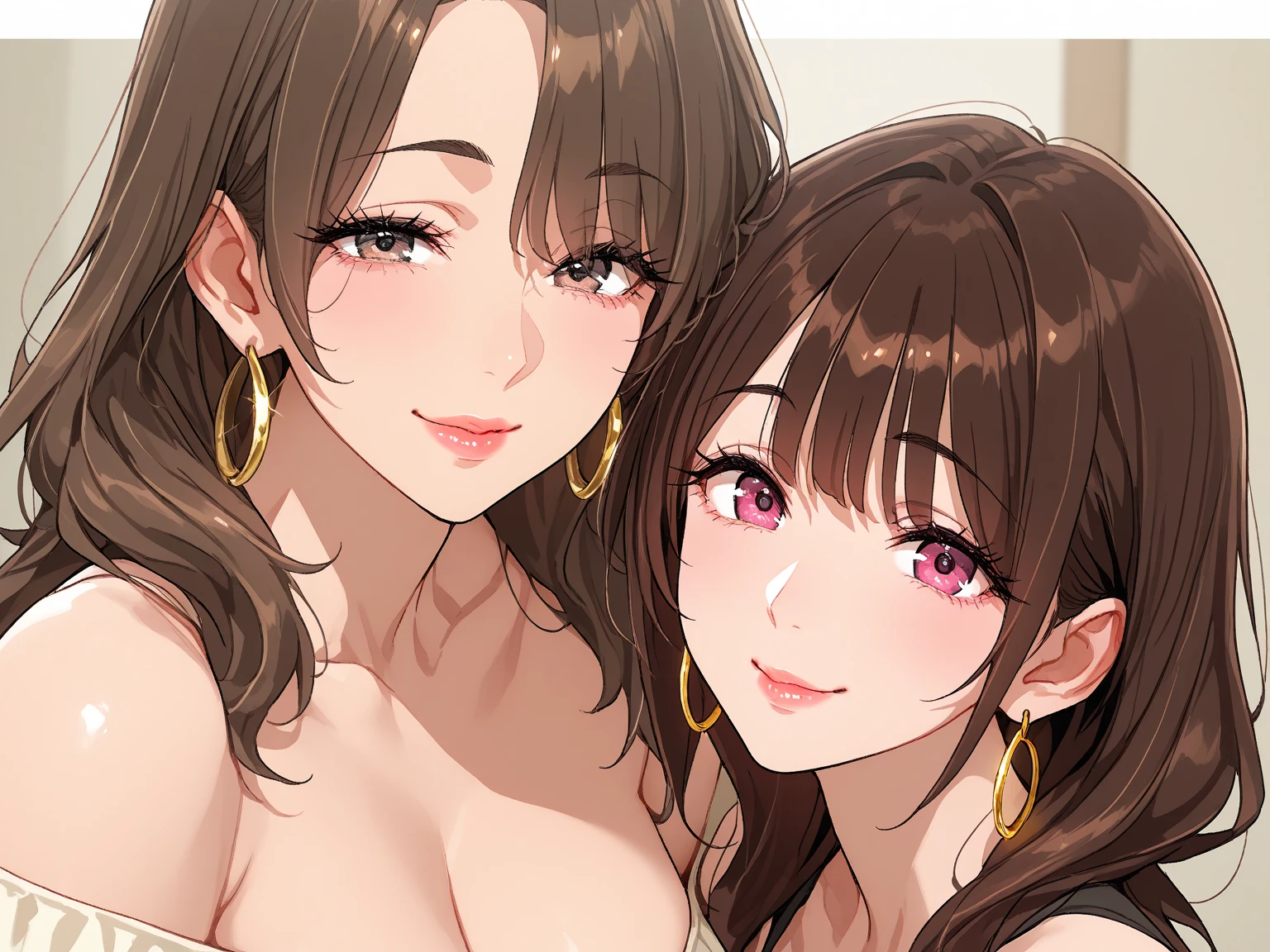 Realistic, Selfie of two girls, close contact with both breasts, wearing a bikini, big breasts, smiling face