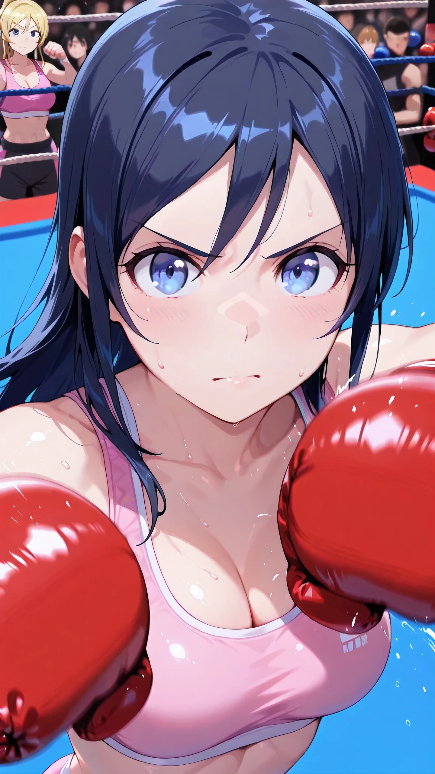 ayase aragaki, (punching at viewer:1.3), long hair, blue eyes, black hair, pink sports bra, pink sports very short spats, boxing gloves, bare thigh, cleavage, medium breast, Perfect body, detailed eyes, detailed face, glaring, looking at viewer, (portrait, from little above).
boxing ring, spectator seats, (depth of field, motion blur).