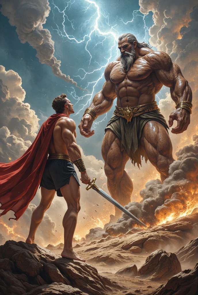 David bible boy fighting the giant Goliath.
image rich in detail, the giant catches davi with one hand, David is enraged with his sling.