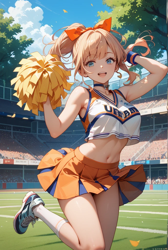 1girl, natural lighting, masterpiece, highly detailed, illustration, game CG, absurdres, high quality, beautiful detailed eyes, ponytail, bangs, glossy lips, collarbone, cheerleader, midriff, school field, thigh highs, michievous grin, large breasts