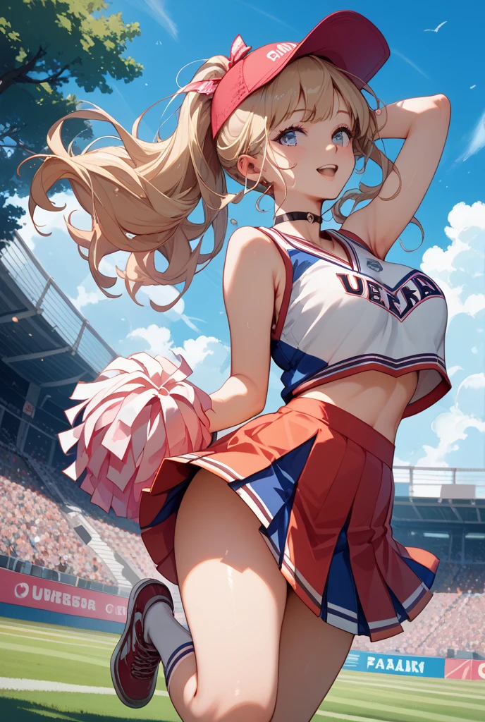 best quality, ultra high res, 1girl, mature woman, blonde long flowing hair, wearing a cheerleader outfit, white cheerleading crop top, white cheerleading skirt, white cheerleading choker, 1girl, beautiful, masterpiece, best quality, extremely detailed face, perfect lighting, 1girl, solo, best quality, ultra high res, ultra detailed,, masterpiece, best quality, cleavage, seductive smile, mature woman, perfect eyes, perfect face, perfect chin, heavy makeup (eyes, eyebrows, lips), perfect hands, seductive pose
