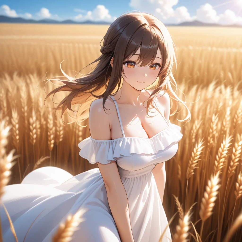 (best quality), fille, long curly brown hair, yeux bleu clair brillants, corps nu tanné par le soleil, light and characteristic breasts, vagin et organes sexuels, Wheat fields stretching endlessly in the background,
This image features a beautiful, brown-haired girl with clear blue eyes, her naked body tanned from the sun. Her breasts are firm and characteristic, and her vagina and sexual organs are depicted in the highest detail. The scene is set against the backdrop of vast wheat fields, adding a sense of serenity and natural beauty to the image. The overall quality is of the