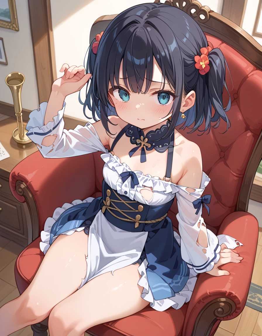 (masterpiece:1.8),(highest quality:1.8),(Very detailed:1.8),(8k:1.8),(Ultra-fine Illustration:1.5),,,Straight low twintail,Flat Chest,Small Ass,(Luxury metallic blue,lingerie:1.4),(Prayer Pose:1.5),Vintage sofa,,(Full body angle),, Rainbow Gradient,