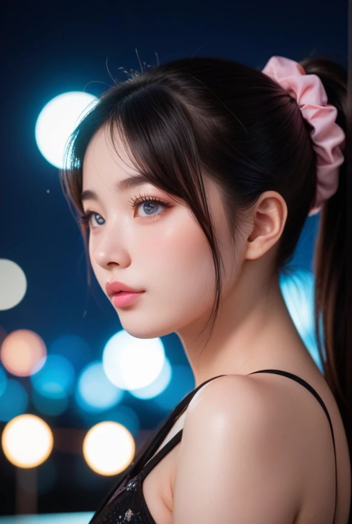 bangs, hair accessories, city, night, high ponytail, armpits, medium breasts, perfect skin,, (8k, RAW photo, best quality, masterpiece:1.2), (realistic, photo-realistic:1.4),1girl,(Kpop idol), (aegyo sal:1), professional lighting, photon mapping, radiosity, physically-based rendering, pureerosface_v1,