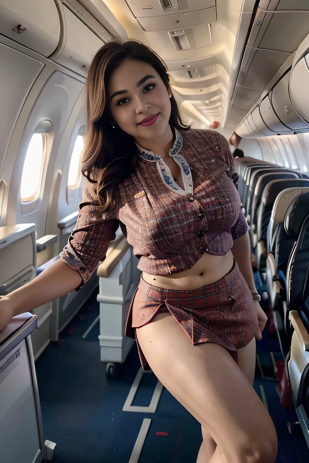 beautiful woman, 28 years、hyperdetailed face、Detailed lips、A detailed eye、double eyelid、(Smiling while walking gracefully down the aisle)、(Stewardess uniform:1.2)、((mini skirt:1.5)) (Glamorous body)、(Colossal )、（large full breasts）（big butts）（Plump body）（plump body shape）（ large full breasts）（Colossal ）((unbutton))、highs thighs thighs thighs, Perfect fit, Perfect image realism, Background with: (Business Class aisle on airplanes:1.2), Cowboy Shot, Meticulous background, detailed costume, Perfect litthing、Hyper-Realism、(Photorealsitic:1.4)、8K maximum resolution, (​masterpiece), ighly detailed, Professional