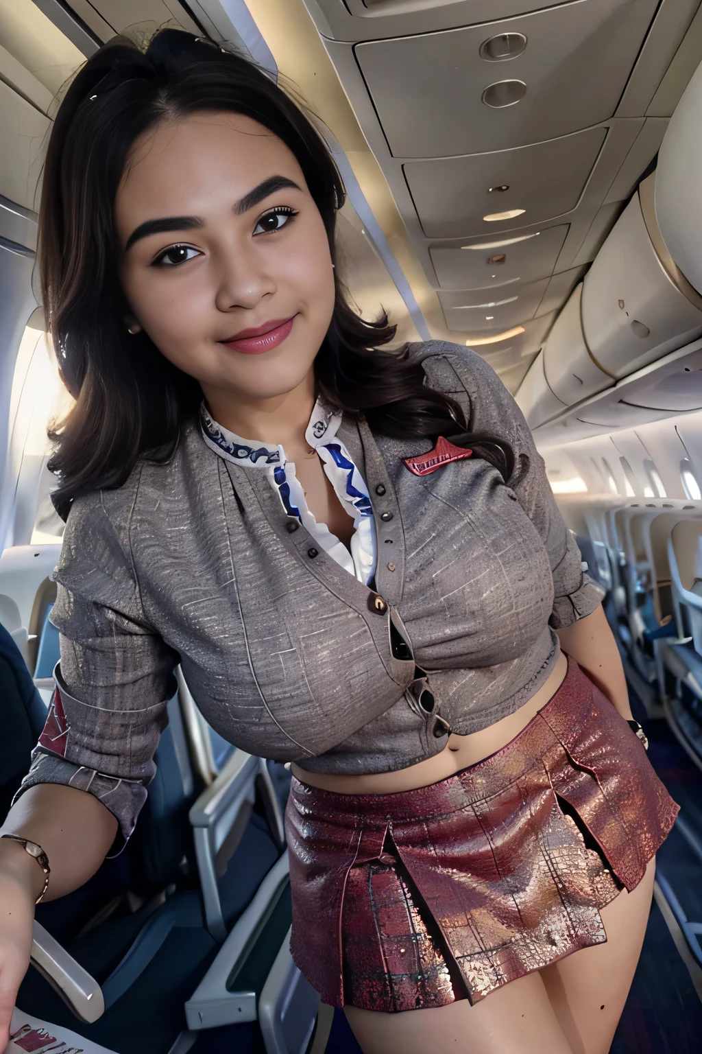 beautiful woman, 28 years、hyperdetailed face、Detailed lips、A detailed eye、double eyelid、(Smiling while walking gracefully down the aisle)、(Stewardess uniform:1.2)、((mini skirt:1.5)) (Glamorous body)、(Colossal )、(large full breasts)(big butts)(Plump body)(plump body shape)( large full breasts)(Colossal )((unbutton))、highs thighs thighs thighs, Perfect fit, Perfect image realism, Background with: (Business Class aisle on airplanes:1.2), Cowboy Shot, Meticulous background, detailed costume, Perfect litthing、Hyper-Realism、(Photorealsitic:1.4)、8K maximum resolution, (masterpiece), ighly detailed, Professional