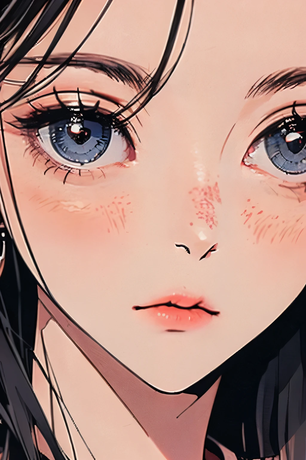 Highest quality, (Background details), High Contrast, One very beautiful woman, topless、Leaning forward、Please put your hands together、Detailed original illustrations、Functional、Delicate face、Alluring、Villainess、sexy、Real breasts、Crazy Smile, Crazy Eyes、 Head close-up,Beautiful line art
