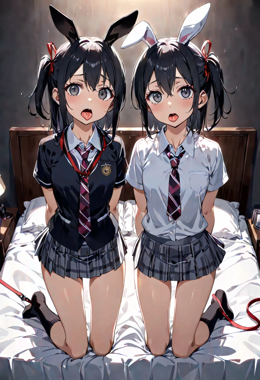 Hands Behind Back,Tied with hands behind back,lick,open mouth,tongue out,cum on tongue,front face,from front,front view,looking at viewer, looking ahead,from above,cowboy shot,2girl,twins,Beautiful 11 year old girl,Japanese,Slender,,low length,Small breasts,Thin legs,Small Ass,Baby Face,Small face,Black Hair,one side up,Gray Eyes,Drooping eyes,Round eyes,middle School girls,Unbuttoned shirt,Good,panties,Collar with leash,Kneeling,Straight Stand,Beautiful and detailed anime art,I'm in love,Desire expression,crave,Sexy vibe,Dimly lit room,On the bed,Simple Background,Gray background,Low lighting,