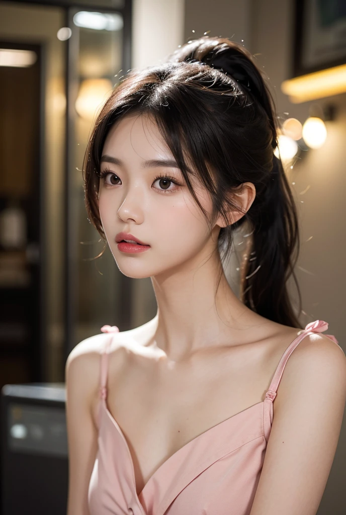 (((best quality))),(((ultra detailed))),(((masterpiece))),illustration,((1 beautiful girl,solo)),((slim,thin)),((small breasts,flat chest)),(short ponytail:1.2), summer night, city streets, (strapless white bra:1.3),gentle breeze, see-through shirt,rolled-up sleeves, casualness, youthful charm, natural beauty, facial features,ankles, vibrant colors, neon signs, streetlights, bustling activity, cars buzzing by, chatter of people, confident, ease, white outfit, vibrant urban landscape,(standing:1.3),((from front,close-up of face))
