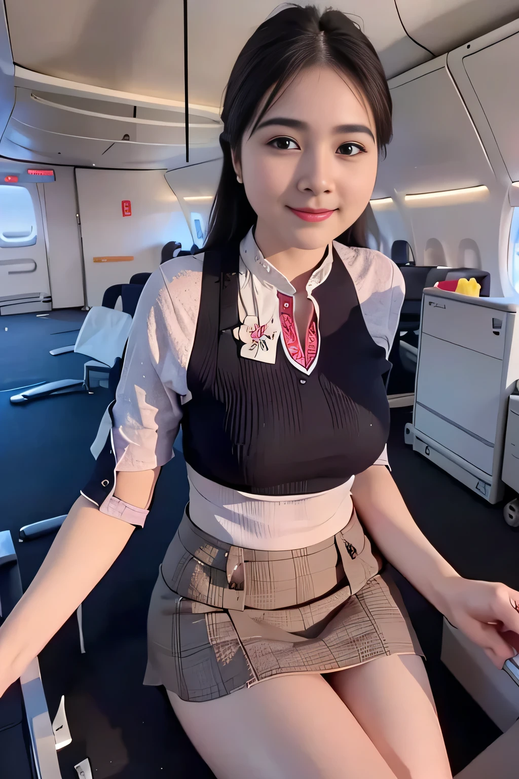 beautiful woman, 28 years、hyperdetailed face、Detailed lips、A detailed eye、double eyelid、(Smiling while walking gracefully down the aisle)、(Stewardess uniform:1.2)、((mini skirt:1.5)) (Glamorous body)、(Colossal )、(large full breasts)(big butts)(Plump body)(plump body shape)( large full breasts)(Colossal )((unbutton))、highs thighs thighs thighs, Perfect fit, Perfect image realism, Background with: (Business Class aisle on airplanes:1.2), Cowboy Shot, Meticulous background, detailed costume, Perfect litthing、Hyper-Realism、(Photorealsitic:1.4)、8K maximum resolution, (masterpiece), ighly detailed, Professional