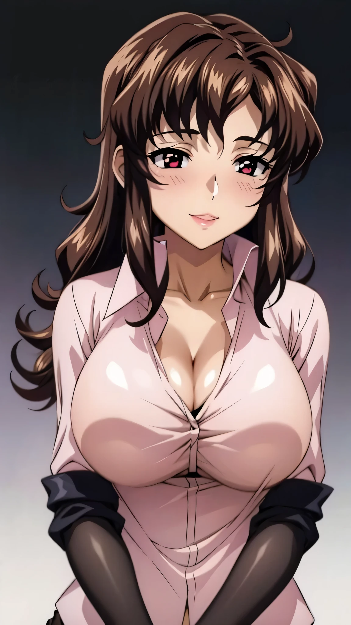 (masutepiece, Best Quality, High resolution:1.5, anime colours, megami magazine:1.2, anime poster style, anime keyvisual, sharp, 8k, photorealistic), (beautiful detailed eyes:1.5, beautiful detailed face:1.2), Murrue Ramius, 1woman, red eyes, blush, sexy, (brown hair, medium hair, bangs), (sagging huge breasts), (negligee:1.2, no bra), cowboy shot, (Perfect detailed Anatomy, beautiful detailed hair, beautiful detailed body:1.2, shiny skin), (thick outline, Beautiful outlines, black outlines), simple background:1.5