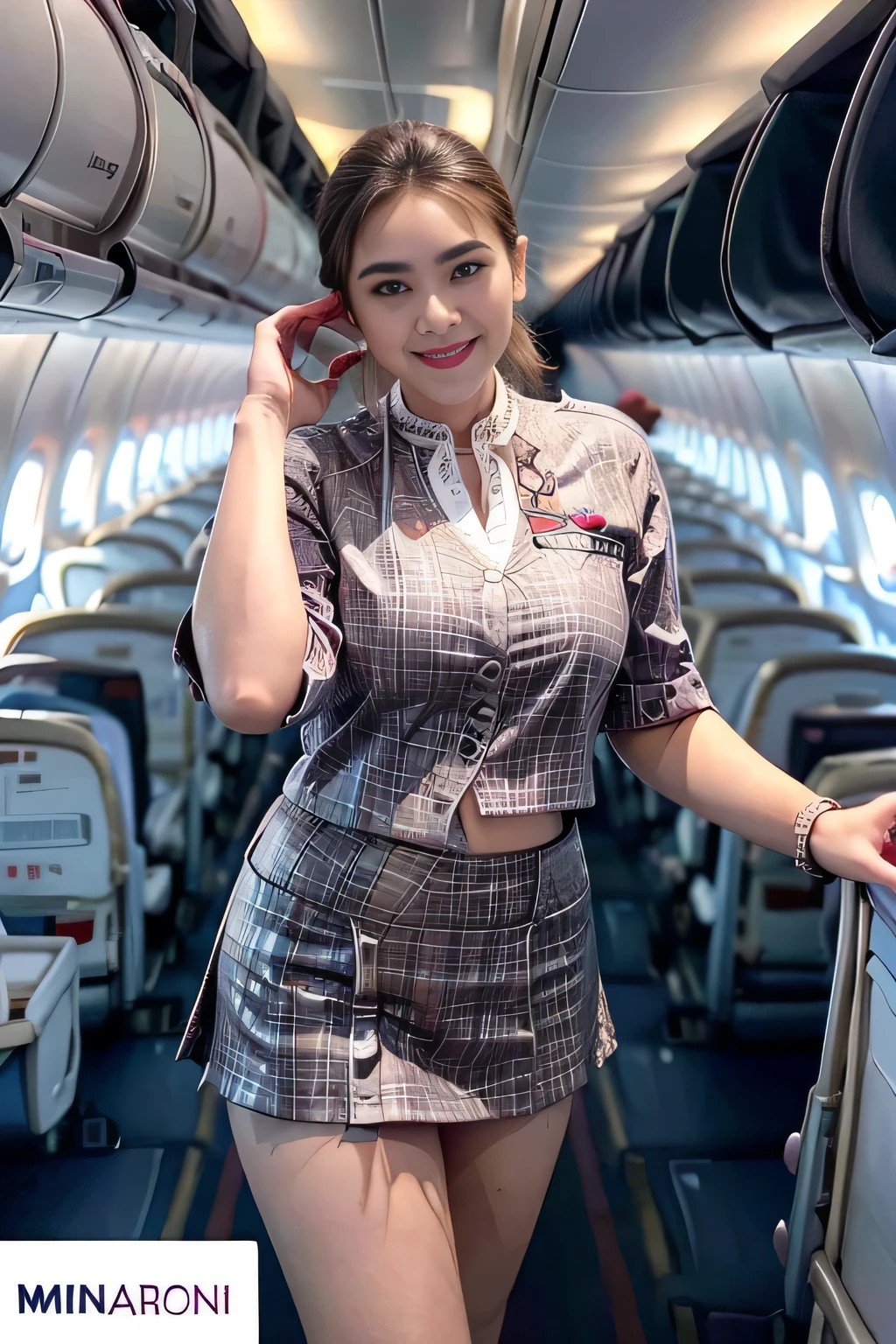beautiful woman, 28 years、hyperdetailed face、Detailed lips、A detailed eye、double eyelid、(Smiling while walking gracefully down the aisle)、(Stewardess uniform:1.2)、((mini skirt:1.5)) (Glamorous body)、(Colossal )、(large full breasts)(big butts)(Plump body)(plump body shape)( large full breasts)(Colossal )((unbutton))、highs thighs thighs thighs, Perfect fit, Perfect image realism, Background with: (Business Class aisle on airplanes:1.2), Cowboy Shot, Meticulous background, detailed costume, Perfect litthing、Hyper-Realism、(Photorealsitic:1.4)、8K maximum resolution, (masterpiece), ighly detailed, Professional