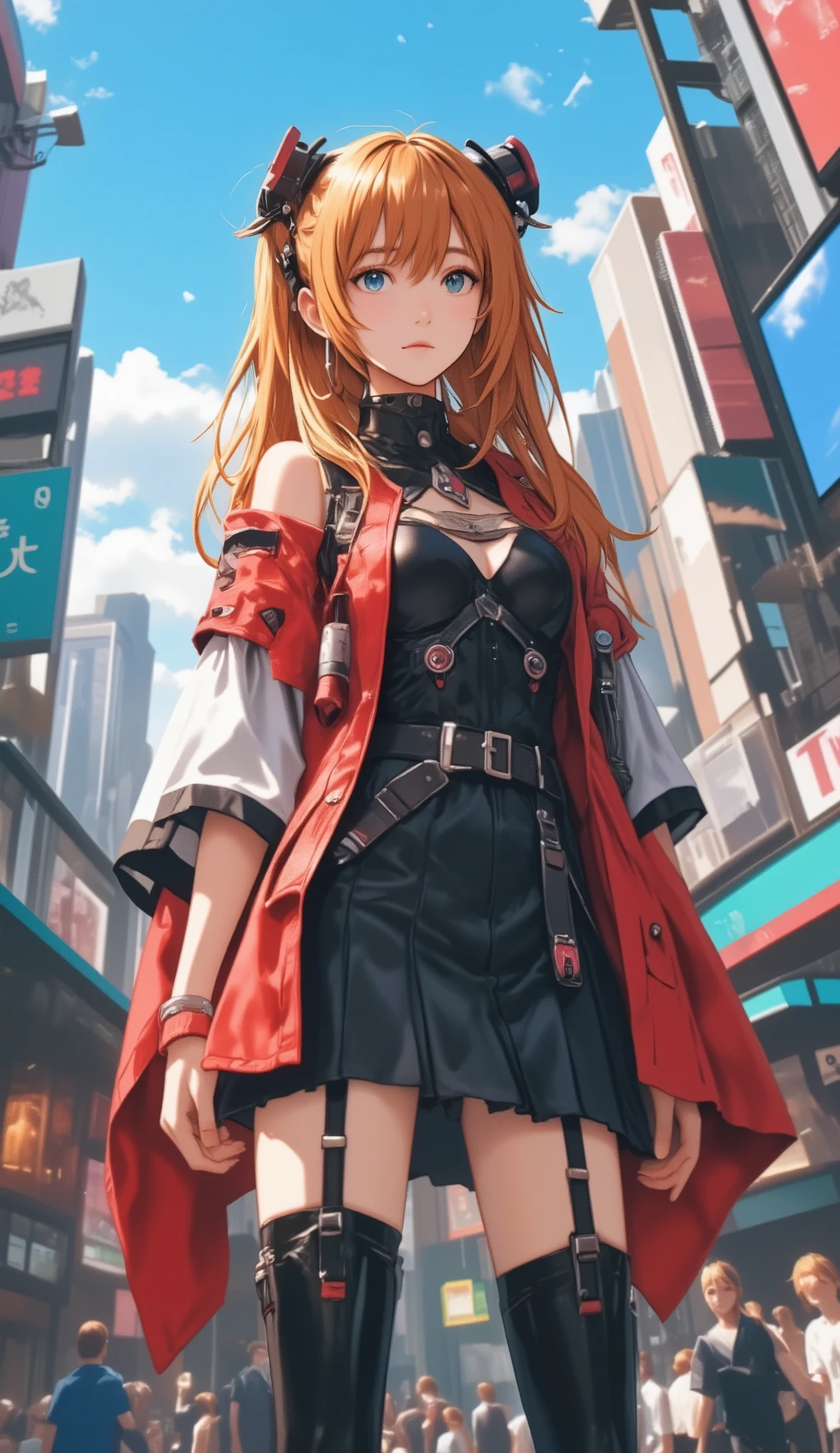 Street fashion in 3025, ((Evangelion, Asuka Langley)),1 girl,solo,,Cowboy Shots, ,,, score_9,score_8_up,score_7_up,,8k,1 girl to improve Sa,solo,