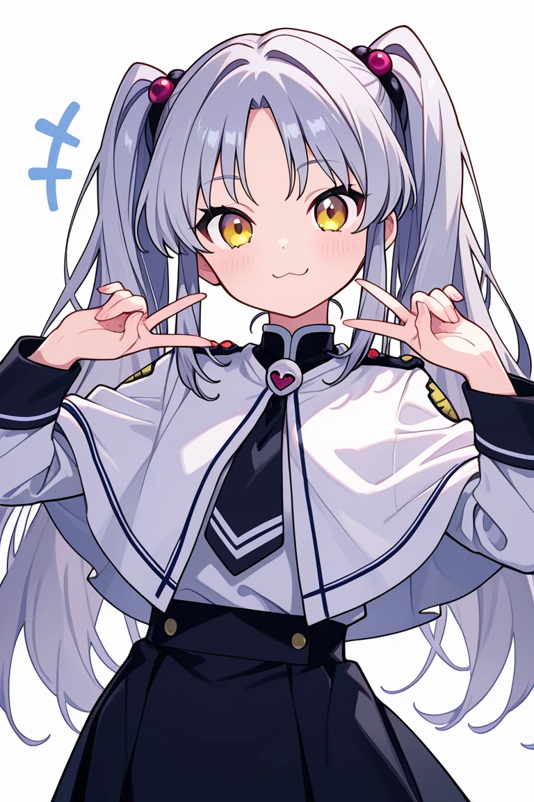((masutepiece, Best Quality)), (1girl in), (Solo), (female focus), (Ahoge, White hair, Very long hair), Gold eyes, lightsmile, Open mouth, ((White shirt), (Buttoned shirt), (buttonGap)), ((Black skirt), (Short skirt)), Standing, White background, arms behind back, Dynamic Angle,