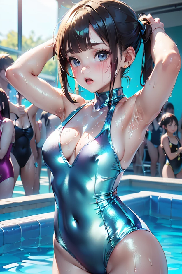 (Movie Posters:1.2),((From below:1.2))、(Show off your crotch)、((Beautiful Neon Cyberpunk Tokyo))Take a sexy pose、pretty 1girl, top-quality、The ultra -The high-definition、hight resolution、extremely details CG、8K Unit Wallpapers、17 age、Beautiful detailed eyes,( Colossal tits),biomechanical oppai,pigtail hair、(((Competition swimsuit with lines、High Neck Competition Swimwear、Big Logo)))、Sleeveless、(a wet body:1.4)、(Shiny body,:1.6)、 blush, Sweat,be shy、(Ahegao:1.5)、(Stick out your tongue and drool)、red blush、full of shyness、