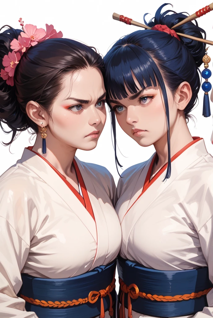 Wuxia, ancient Chinese clothing, Chinese martial arts, white clothes with golden complex patterns, girls, ball head, short hair, characters in the middle of the picture, serious expression, ink style landscape as background, 1 girl, black hair, traditional clothing, anime style, HD, best quality, high contrast, bust photos, delicate face, delicate eyes, tai chi, Chinese punk, fantasy