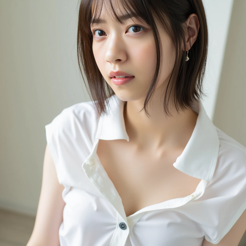 (8K, RAW Photos,Highest quality, High resolution:1.1), (超Realistic:1.4),(Realistic, Realistic:1.3),The Beauty of Japan、masterpiece, Realistic, in 8K, Best image quality, Highest quality, 1 girl, (Esbian all over), absurdesな, High resolution, Photorealistic, Realistic skin texture, Seeing the viewer, 8k Ultra HD, RAW Photos, masterpiece, Highest quality, Realistic, photo Realistic, Highly detailed CG Unity 8k wallpaper, absurdes, Highly detailed skin, close, throw, From above, orgasm, Ecstasy, Open your mouth, Lying down, Sleeping in bed, (chest), (Button unbuttoned , shirt:1.3), Underarm, Leg spread, short hair, Shiny skin, Wet Skin,
