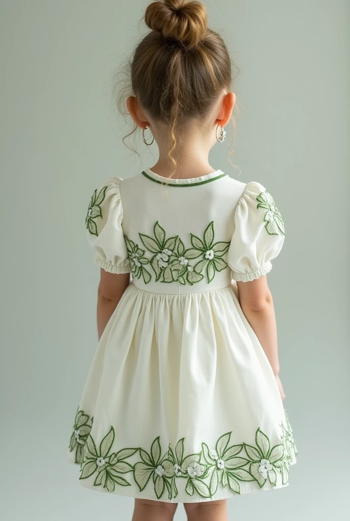 Foto com fundo branco.  5 year old with braided hair. She is wearing a long green dress and flats 