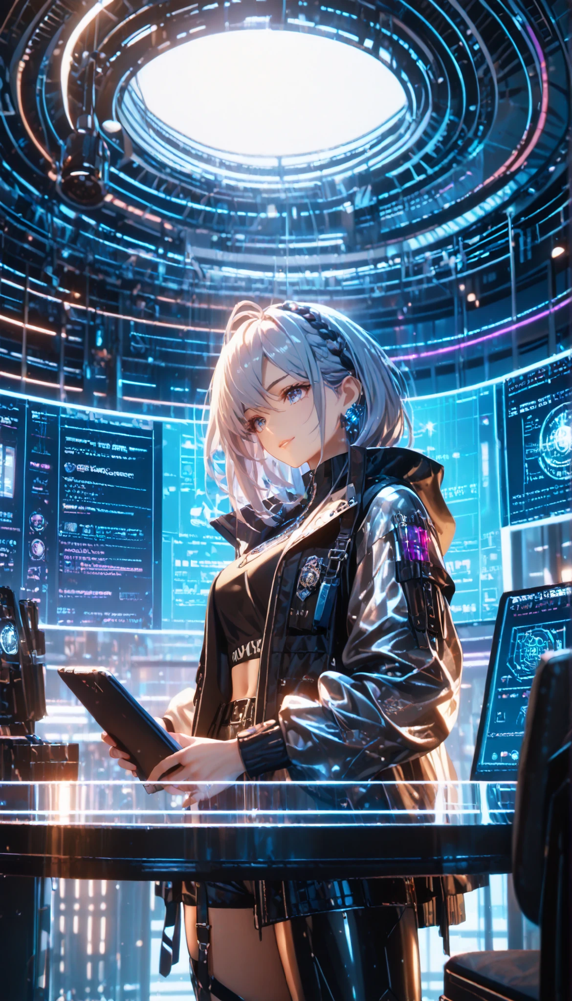 A futuristic woman wearing a high-tech, metallic windbreaker jacket with a holographic surface displaying digital content. The jacket functions like a flexible tablet, allowing touch-based interaction for reading news and online shopping. Underneath, she wears a short-cut T-shirt made of a soft yet alloy-like material, giving it a metallic sheen while remaining flexible and comfortable. Her skirt is long with deep slits, shimmering in iridescent rainbow colors that reflect light and pulse as she walks. Her hair is intricately braided and dyed blue. She wears sleek goggles with a thin antenna on the right side, showing various data overlays. The entire outfit blends advanced technology with futuristic fashion -- cyberpunk, sci-fi, ultra-detailed, 4K, soft lighting, concept art style