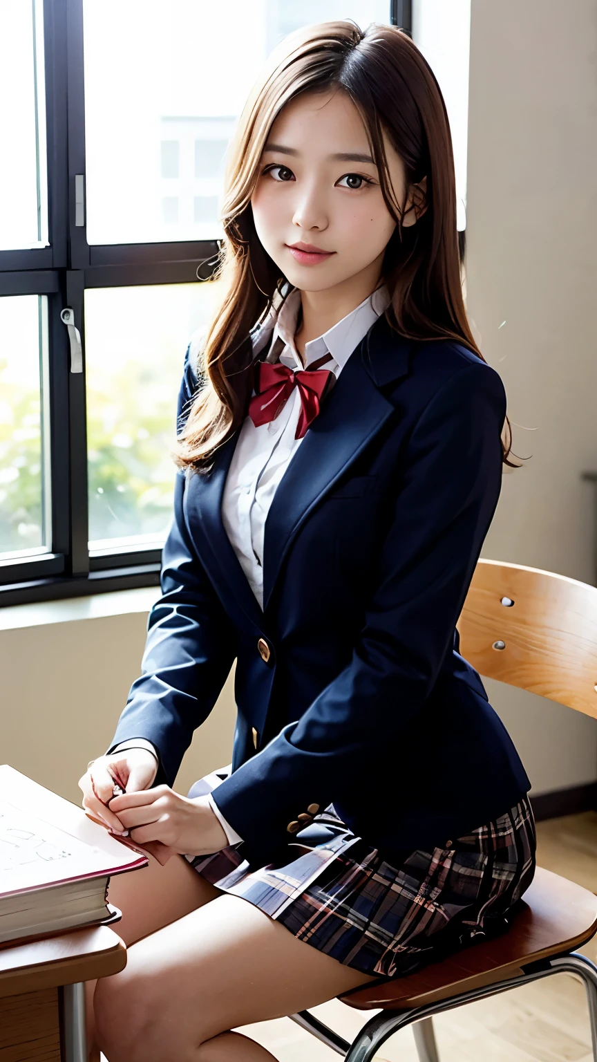 (Masterpiece, Masterpiece, 8k), One beautiful woman, Long blonde hair, blue eyes, A blue ribbon in her hair, High School Outfit, Black blazer, Checkered pleated skirt, Blue tie, Big Breasts, Thighs, Wearing high stockings, In the classroom, Serious expression, High resolution, Blur the background, Smile, Medium Bust