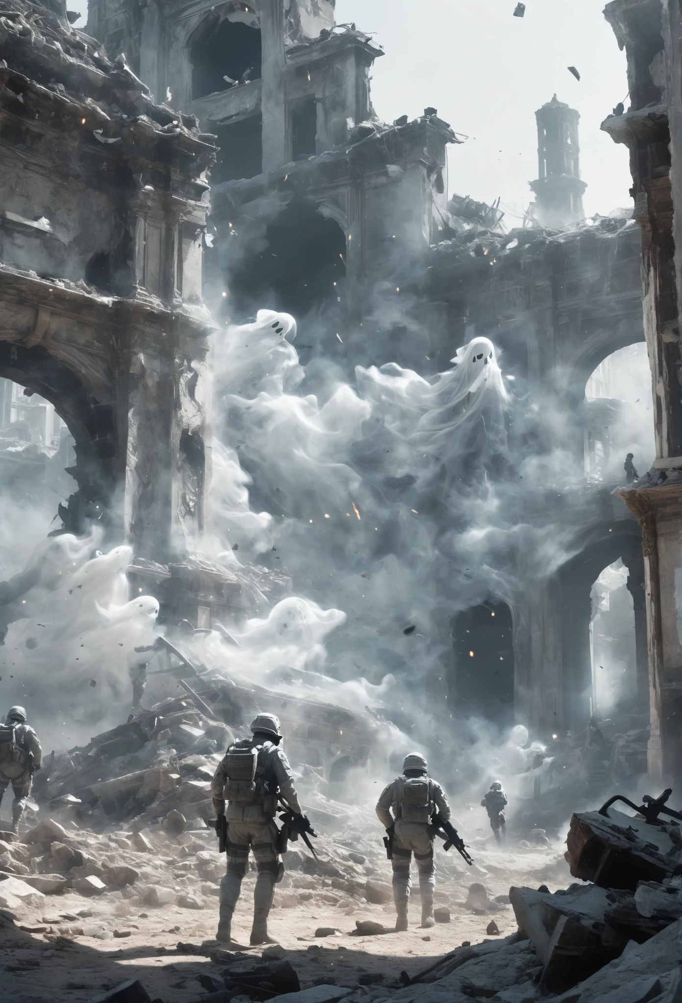 A futuristic battlefield scene shows transparent soldiers moving silently across a shattered landscape. The soldiers are visible only as hair-thin glowing white outlines, their forms barely distinguishable against the background of ruined buildings and drifting dust. Through their bodies, the broken environment is completely visible, as if they were made of empty space. Occasional glints of light catch on their faint silhouettes when they move, but otherwise they blend perfectly into the surroundings. The atmosphere is tense and eerie, with swirling smoke and the heavy silence of an abandoned battlefield, broken only by the soft shimmer of these ghost-like figures advancing through the ruins.