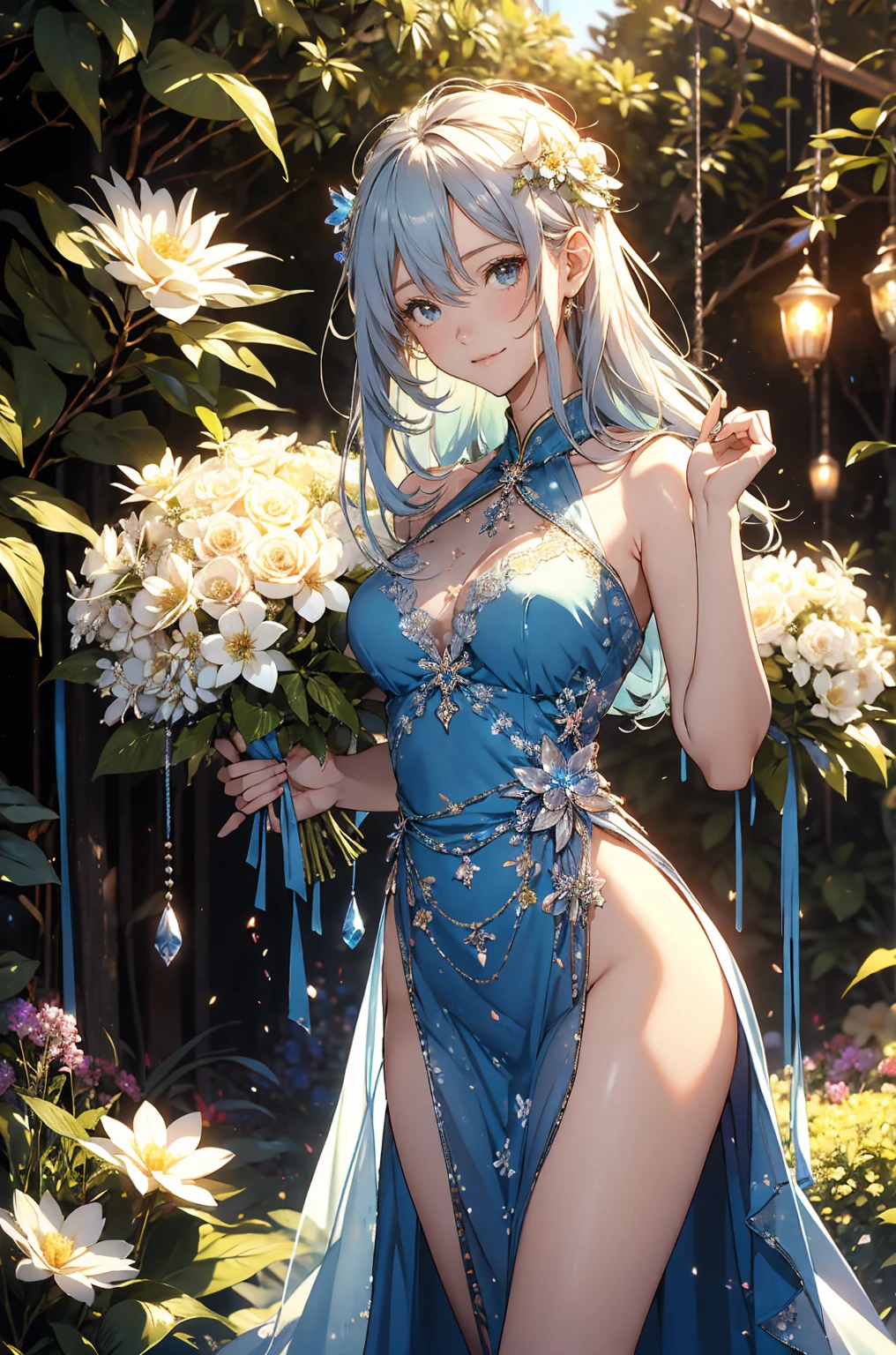 (((photographrealistic:1.5))),((top-quality、8K、16 K、masterpiece:1.3)),high-level image quality、最high-level image quality、top-quality、hiquality、8 slender body、Beautiful feceボディーライン、Beautiful fece女性、Colossal tits、Sexy style、Insist cleavage、Boob emphasis、(1girl in:1.4)、Photorealsitic:1.4、Official art、ultra-detailliert、Beautiful and aesthetic、Beautiful fece、masterpiece、Show off your cleavage、undergarment、Huge chest chest)、sexy undergarment、garterbelts、Enamel Bondage Costume、(full body1:4)、Beautiful fece女性は, (Medium length hair), Detailed huge breasts, Full body, Lovely smile, (Warm colors), moist, moist, Reflectors, (masutepiece) (photos realistic)(Best Quality) (Detailed) , (8K) (Wallpaper) (Cinematic lighting) (Studio Lighting) (Convoluted) Fashion, Flower arch so magical and dreamy, opulent, ethereal fairy tale, Rich pastel color palette, Ethereal dreamy theme, dreamy and detailed, The setting of a fairy tale:, (((building with many flowers)))、anime fantasy artwork, anime fantasy illustration, Beautiful feceアートワークのイラスト, Beautiful feceアニメアートwork, elaborate digital art, Convolutedな華やかなアニメCGIスタイル, anime art nouveau cosmic display, Beautiful feceアニメアート, Beautiful feceデジタル芸術作品, Beautiful feceファンタジーアニメ, Detailed anime artwork, Detailed Digital Anime Art, dreamy psychedelic anime、Sexy lingerie、