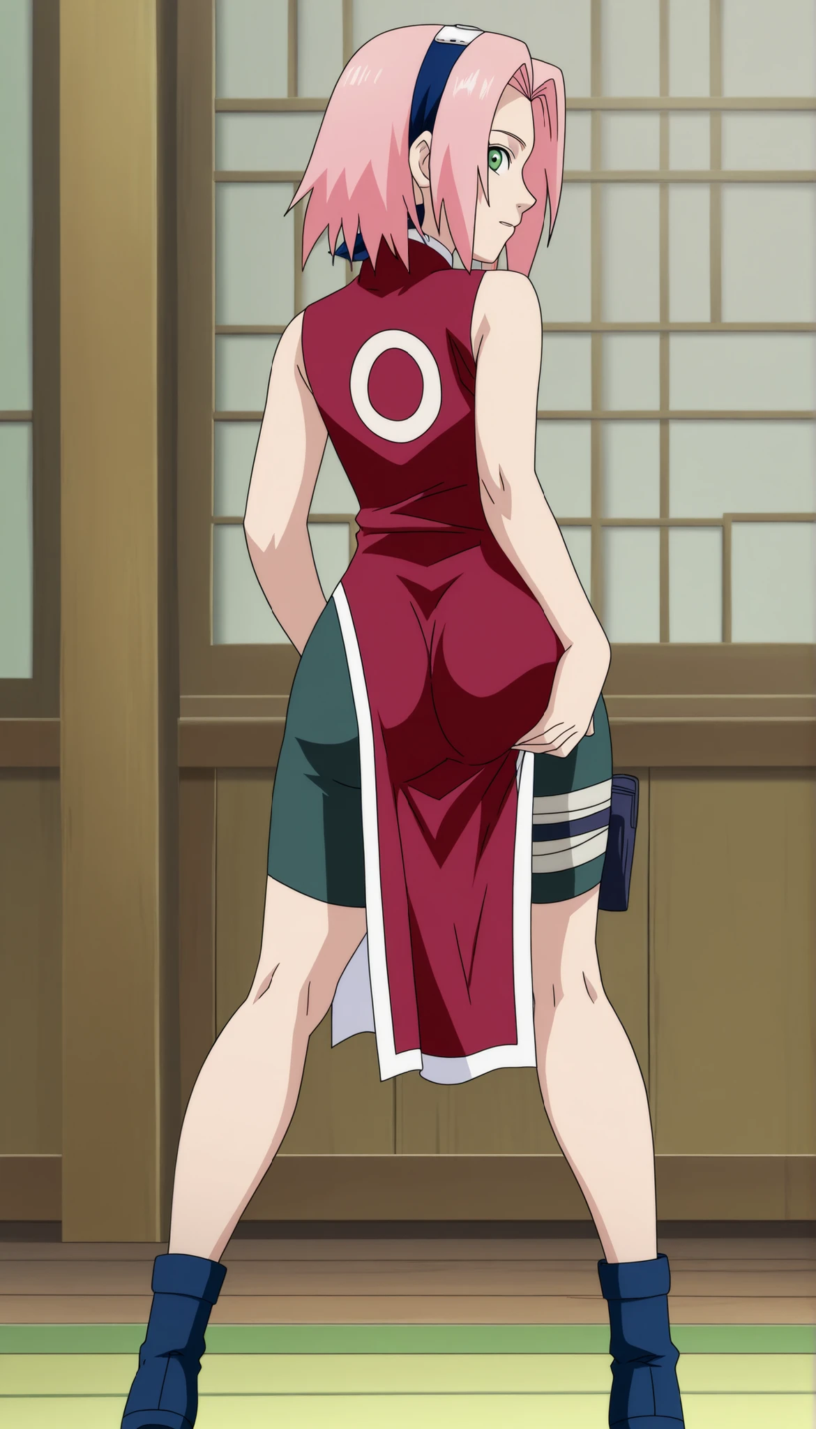 score_9,score_8_up,score_7_up,source anime,anime screencap,anime coloring,intricate details,fake screenshot,masterpiece,best quality,very aestheticanime screencap,anime coloring,Japanese TV anime style,
BREAK
sakura, 1girl,pink hair,green eyes,short hair,Sakura haruno, 1girl, solo, pink hair, short hair, green eyes, ,"Red sleeveless Chinese qipao with white trim and symbol, black short, ."
looking_at_viewer,from back, meaty ass, meaty thighs,, wide hips,sticking out her butt, , from back,, shorts,, picking up skirt showing ass,looking back at viewer, full body visible, full growth, showing ass, detailed ass, detailed face, detailed eyes,standing straight,
