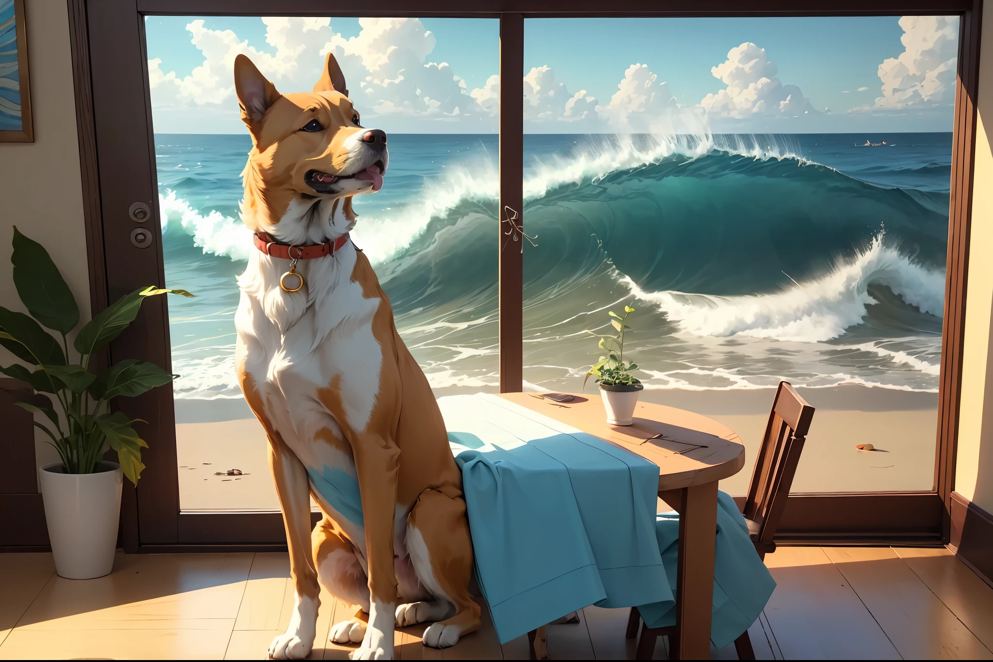 2 colorful stained glass artwork, Brilliant Ocean Waves, Big Breaking Waves, Artistic Sun and Clouds, Bright Blue and Yellow, dynamic motion, Modern Indoor Setting, Fancy Paneling, wooden table, Small Potted Plants in a Gold Vase, natural light, calm artistic atmosphere、Anime Style Scenery、Dog surfing、best quality